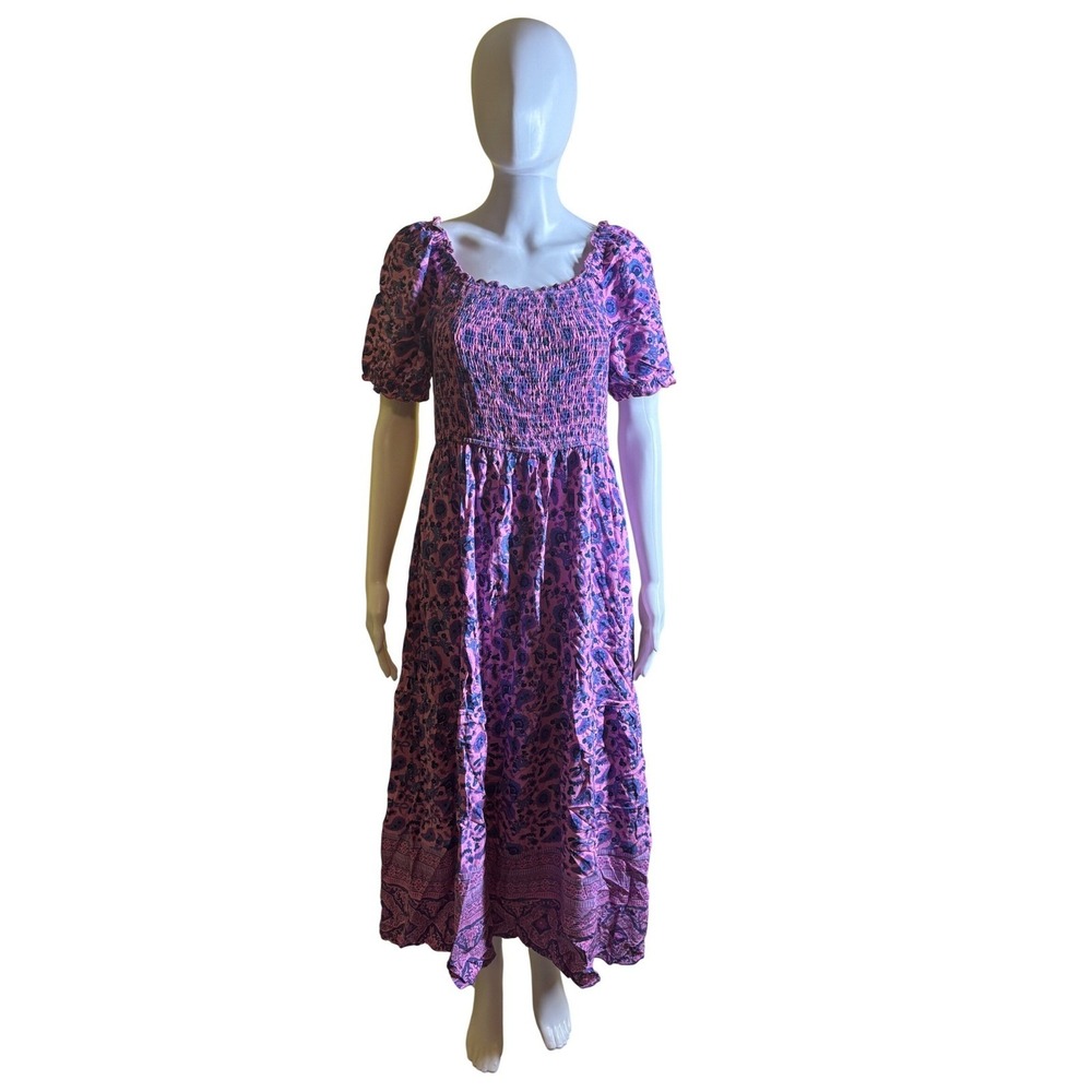 Used ZESICA Womens Pink Purple Floral Paisley Puff Sleeve Midi Dress Size Large